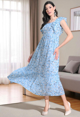 SAKSHI TRADER Women Fit and Flare Blue Midi/Calf Length Dress