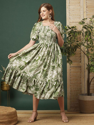 Moda Rapido Women Fit and Flare Green Knee Length Dress