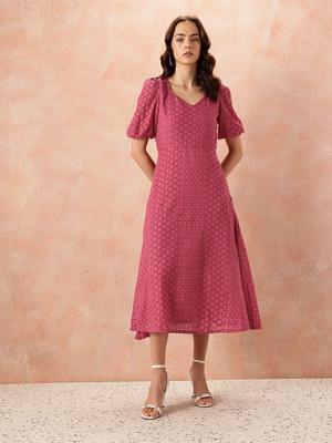 all about you Women A-line Pink Midi/Calf Length Dress