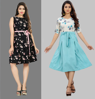 Hiral Creation Women Fit and Flare Multicolor Knee Length Dress
