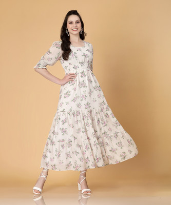 RAASSIO Women Fit and Flare White Maxi/Full Length Dress