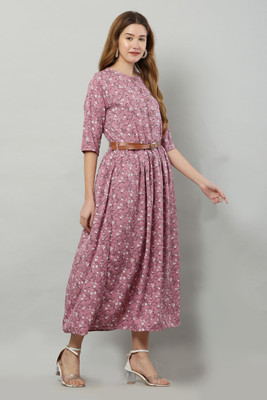A R J FASHION Women Fit and Flare Pink Maxi/Full Length Dress