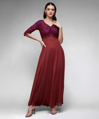 Miss Chase Women Fit and Flare Maroon Maxi/Full Length Dress