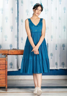 MOOLCHO Women Fit and Flare Blue Knee Length Dress