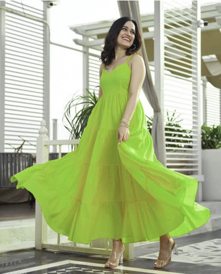 wonderstar Women Fit and Flare Light Green Maxi/Full Length Dress
