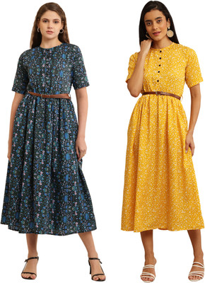HEAVENS CREATIONS Women Fit and Flare Dark Green, Yellow Midi/Calf Length Dress