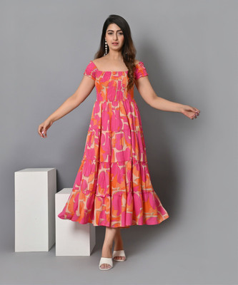 IQRAAR Women Fit and Flare Beige, Pink, Orange Midi/Calf Length Dress