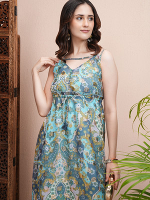 Vishudh Women Fit and Flare Blue Maxi/Full Length Dress
