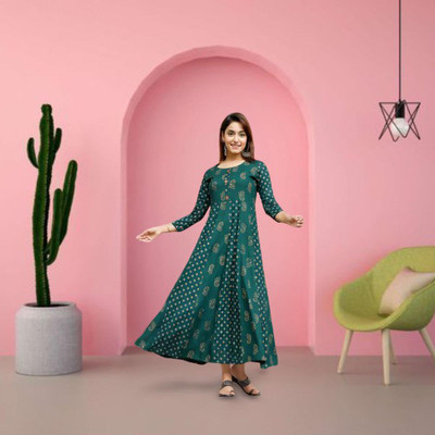 ASHISH PRINT Women Fit and Flare Dark Green Midi/Calf Length Dress