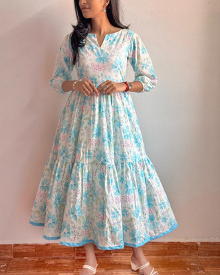 FabFinds Women A-line White, Light Blue Midi/Calf Length Dress
