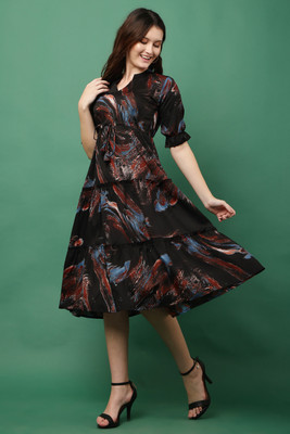 JustHer Women Fit and Flare Black, Blue Midi/Calf Length Dress