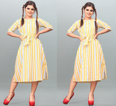 Hiral Creation Women Fit and Flare Yellow Below Knee Dress