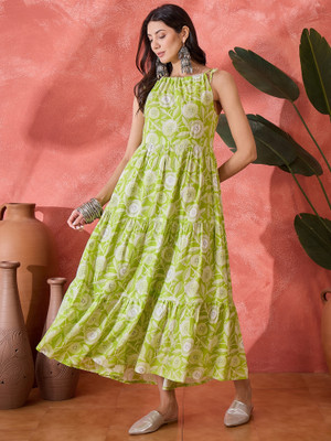 Stylum Women Fit and Flare Green Ankle Length Dress