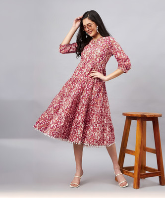 WineRed Women Fit and Flare Pink Midi/Calf Length Dress