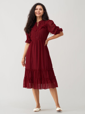 AASK Women Fit and Flare Maroon Midi/Calf Length Dress