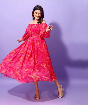 Attire Empire Women Fit and Flare Pink Maxi/Full Length Dress
