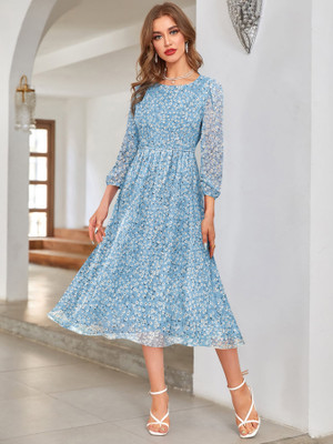 KERI PERRY Women Fit and Flare Light Blue Midi/Calf Length Dress