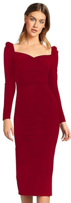 MESGENDA Women Bodycon Maroon Below Knee Dress