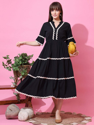 Seek By Sheetal Women Fit and Flare Black Midi/Calf Length Dress
