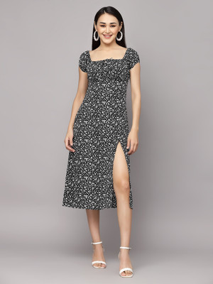 METRONAUT Women A-line Black, White Midi/Calf Length Dress