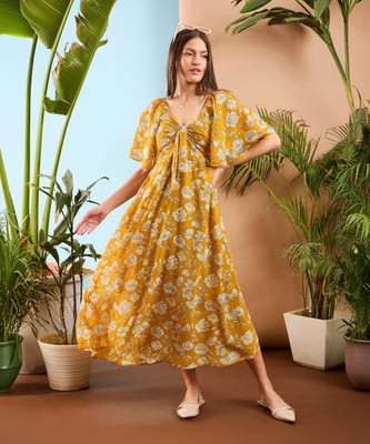SASSAFRAS Women Fit and Flare Yellow Below Knee Dress