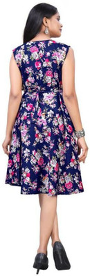 HouseOfCommon Women Fit and Flare Blue Knee Length Dress