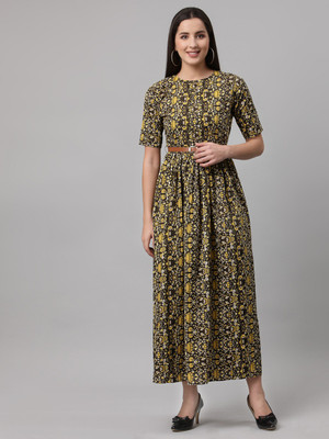 AAYU Women Fit and Flare Yellow, Black Maxi/Full Length Dress
