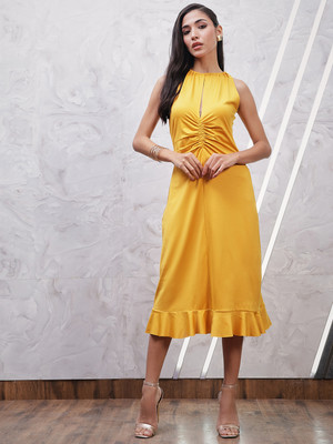 Mayffei Women Fit and Flare Yellow Midi/Calf Length Dress