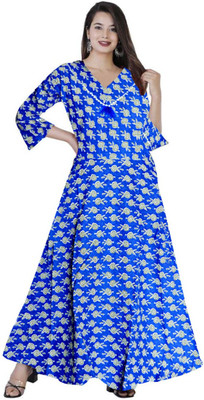 MUDRIKA Women Fit and Flare Blue Maxi/Full Length Dress