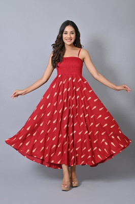 VYMO Women Fit and Flare Red Maxi/Full Length Dress