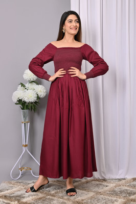 VYMO Women Fit and Flare Maroon Maxi/Full Length Dress