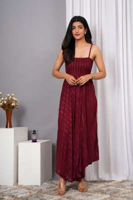 VYMO Women Fit and Flare Maroon Maxi/Full Length Dress