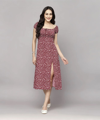 SILKSTITCH Women A-line Maroon, White Midi/Calf Length Dress