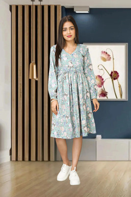 HouseOfCommon Women Fit and Flare Light Green Knee Length Dress