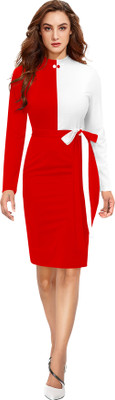Fedilla Women Bodycon White, Red Knee Length Dress
