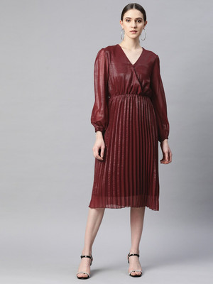 PLUSS Women Wrap Brown Midi/Calf Length Dress