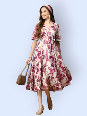 HouseOfCommon Women Fit and Flare White Midi/Calf Length Dress