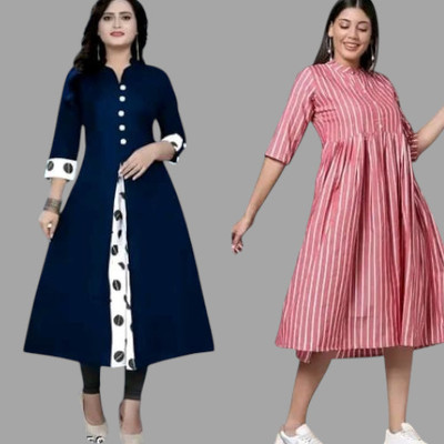 Texpamz Women Striped A-line Kurta(Blue, Pink)