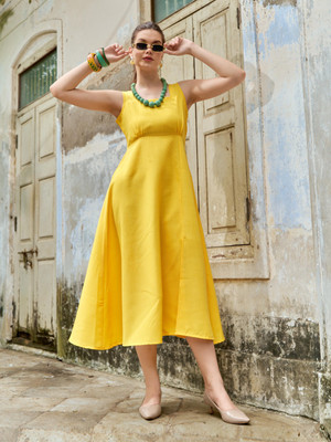 PURVAJA Women Fit and Flare Yellow Midi/Calf Length Dress