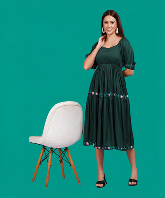 JC4U Women Fit and Flare Green Midi/Calf Length Dress