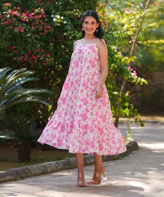 Janasya Women Tiered Pink Midi/Calf Length Dress