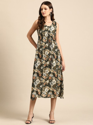 ANOUK Women Fit and Flare Green Midi/Calf Length Dress