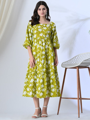 DEHITAFASHION Women Fit and Flare Yellow, White Midi/Calf Length Dress