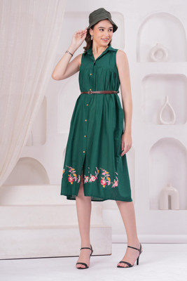 Highlight fashion export Women A-line Green Below Knee Dress