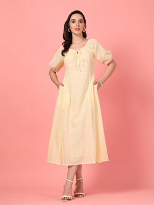 Gulabidress Women A-line Yellow Midi/Calf Length Dress