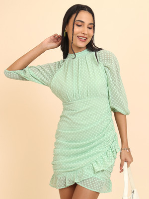 Tokyo Talkies Women Ruffled Light Green Above Knee/Mid Thigh Length Dress