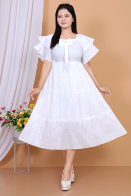 SHREESHYAMDARBAR Women Fit and Flare White Maxi/Full Length Dress