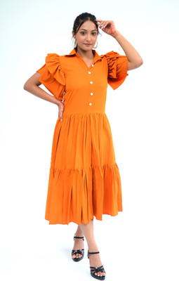 diyaz Women Fit and Flare Orange Midi/Calf Length Dress