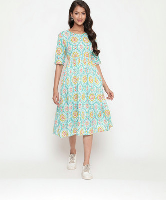SAVI Women Fit and Flare Light Green Midi/Calf Length Dress