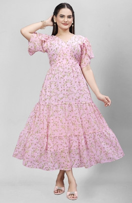 JYOTESTORE Women Fit and Flare Pink Midi/Calf Length Dress